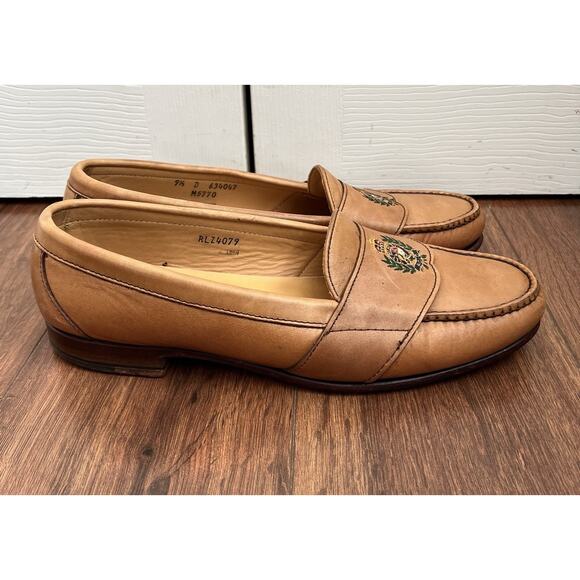 POLO RALPH LAUREN Men’s Vintage Camel Leather Embroidered Crest Loafers Sz 9.5D main image 4